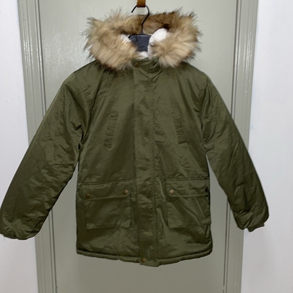 Childs Winter Sherpa Lined Faux Fur Trim Jacket Parka Coat New Olive US 14-16 - Picture 2 of 7